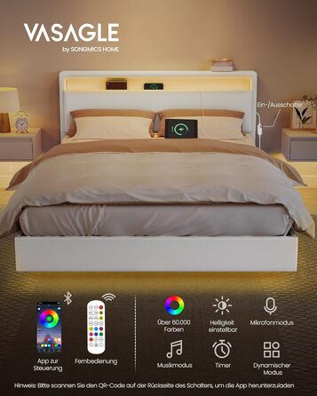 Каркас ліжка VASAGLE, каркас двоспального ліжка, 140 x 200 см, візуальний ефект плаваючого ліжка, ліжко зі світлодіодним освітленням, високе узголів&39я, зарядна станція, сучасний, хмарно-білий RMB864W01