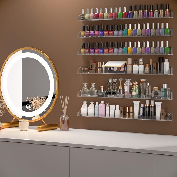 Настінна полиця для лаків для нігтів 61 см, прозора, зі знімною кришкою, набір з 6 шт. , акриловий настінний органайзер, полиці для зберігання лаків для нігтів на 150 пляшечок (60 см), прозора, 61 см