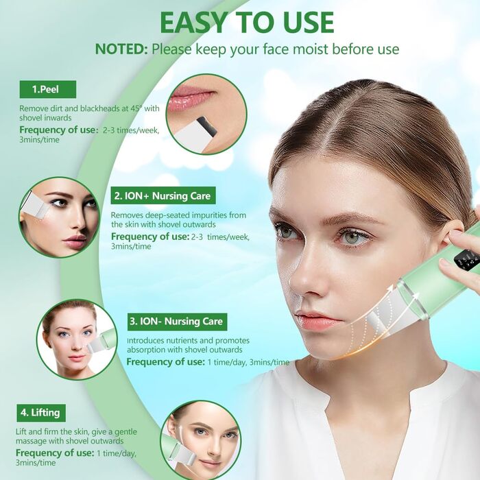 Скраб для шкіри ACWOO, пристрій для ультразвукового пілінгу для обличчя, ультразвуковий пристрій для обличчя для сяючої шкіри, лопатка для обличчя для видалення чорних крапок, засіб для очищення пір зелений