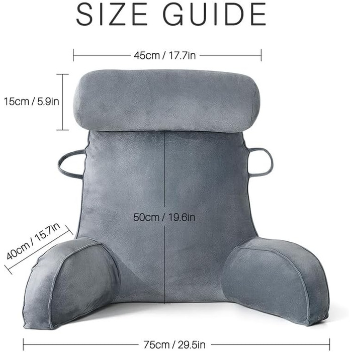 Подушка для читання Mingfuxin для ліжка, подушка для ліжка зі знімним валиком для шиї та вищим підлокітником для сидіння в ліжку, дивані, підлозі, подушка для читання зі спинкою для дорослих, подушка для спини для читання, перегляду телевізора, сірий полі