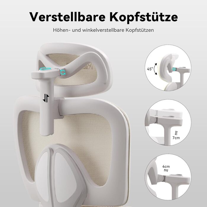 Ергономічне офісне крісло MUSSO E600SE, 3-рівневе регулювання поперекової опори, 3D-регульовані підлокітники та підголівник з підставкою для ніг, адаптоване для жінок, підтримка хребта під час сидіння (бежевий)