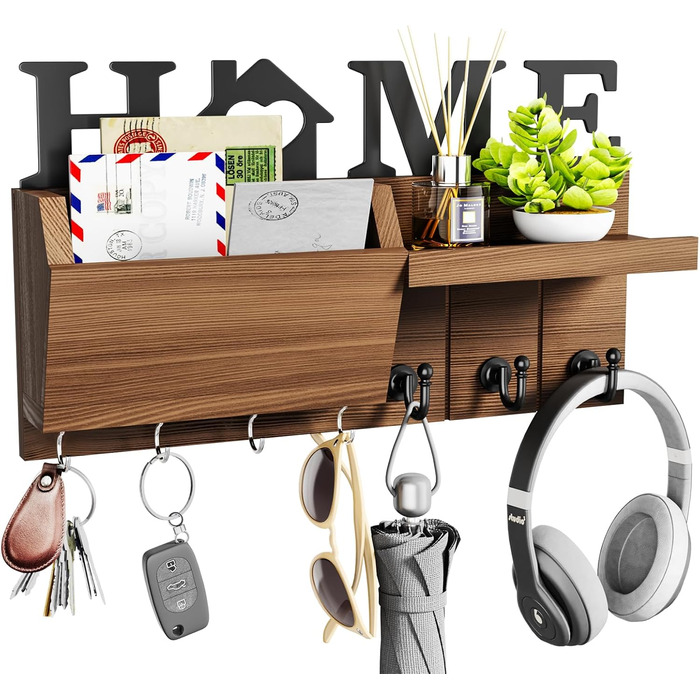 Ключниця HapiRm з декором HOME, дерев'яна ключниця з 7 гачками для ключів, ключниця з полицею Підходить для вхідної зони, вхідних