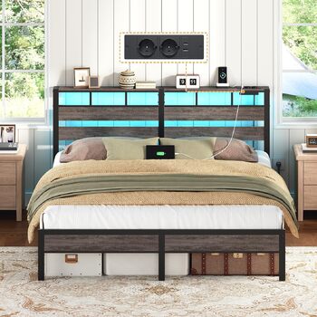 Ліжко HOOBRO 180 x 200 з рейковою основою, двоспальне ліжко з узголів&39ям, світлодіодне освітлення, зарядна станція (2AC, 2USB-A), каркас ліжка 180 x 200 см, металеве ліжко для спальні/гостьової кімнати, антрацит EBC80CDBF01 180 x 200 x 103 см