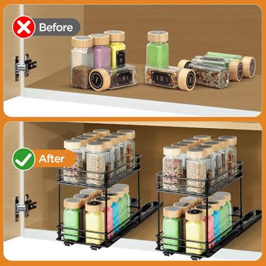 Розсувна підставка для спецій Cozary - подвійний органайзер для спецій - підставка для спецій з шухлядою та вентиляцією, органайзер для кухонної шафи, 2 варіанти кріплення (26 * 15 * 21,8 см)