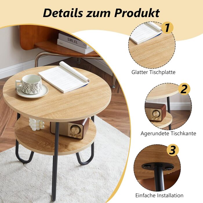 Круглий журнальний столик Mingone, бічний столик з 2 полицями, сучасний диванний столик з місцем для зберігання, маленький столик для вітальні, спальні, балкону, кольору дерева