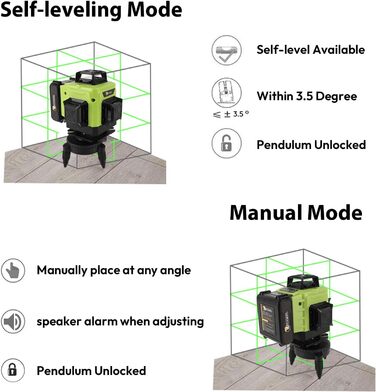 Поперечний лазер, зелений самовирівнюючий лазерний рівень 4x360 градусів, 4D 16 лінійний лазер з акумулятором 2 шт. , магнітний настінний кронштейн, поперечний лазерний будівельний лазер IP54 для внутрішніх і зовнішніх будівельних майданчиків
