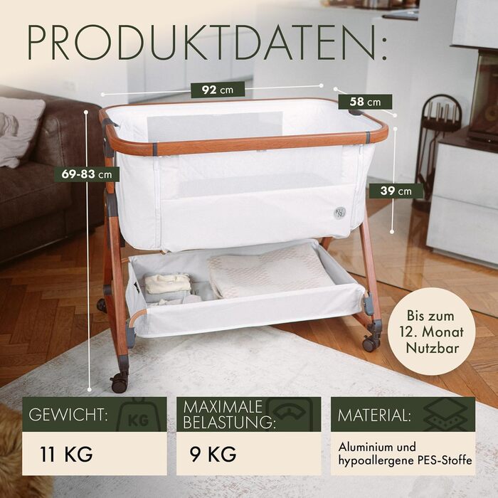 Дитяче ліжечко KUNU - Дитяче ліжечко для сну на боці з колесами для пружинного ліжка - Дитяче ліжечко на колесах 3-в-1 Дорожня колиска-колиска - Колиска з функцією гойдання та регулюванням висоти - Безпечне дорожнє ліжечко, включаючи дорожню сумку