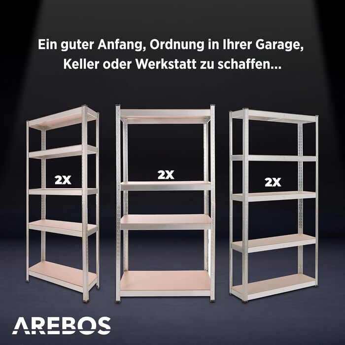Надміцний стелаж Arebos, комплект з 2 шт. 160x80x40 см Вантажопідйомність 320 кг 4 полиці з МДФ Легке складання за допомогою вставної системи Стелаж, стелаж для зберігання, стелаж для підвалу, вставний стелаж, стелаж для майстерні, оцинкований