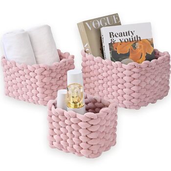 Бавовняний кошик для зберігання, набір з 3 шт. - Плетений кошик-органайзер для шафи, ванної кімнати, кухні - Зберігання для дрібних побутових речей (світло-рожевий)