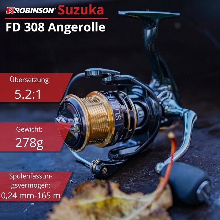 Рибальська котушка Robinson - переднє гальмо, 8 кулькових підшипників, дюралюмінієва шпуля, 5.21 - підходить для лову окуня, форелі, головня, судака, щуки та сома залежно від розміру - Suzuka 3000