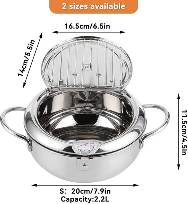 Глибокий горщик, японський горщик для смаження, японський горщик для фритюрниці темпура з термометром, маленький горщик з нержавіючої сталі з термометром, кришкою та сушаркою для картоплі фрі, креветки