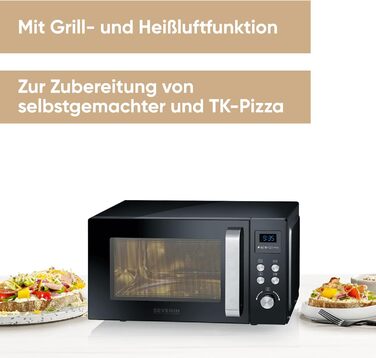Мікрохвильова піч SEVERIN 3-в-1 з функцією гриля та конвекції до 200 C, міні-піч з функцією попереднього підігріву, мікрохвильова піч з тарілкою для піци з антипригарним покриттям, чорна, MW 7752 25L, гриль та функція конвекції