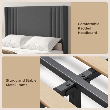 М&39яке ліжко 120x200 см, каркас ліжка з узголів&39ям та рейковою основою, м&39який каркас ліжка, міцне тканинне ліжко для дорослих та підлітків, темно-сірий колір, 120x200 см