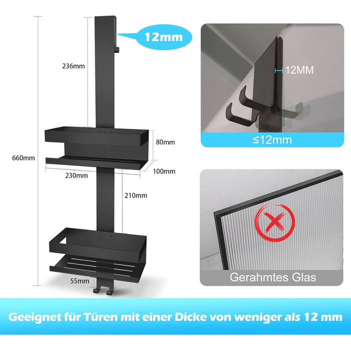 Підвісна полиця для душу з нержавіючої сталі SUS304, без свердління для скляних дверей без рами, тримач для шампуню та гелю для душу, чорний колір (Стиль А)
