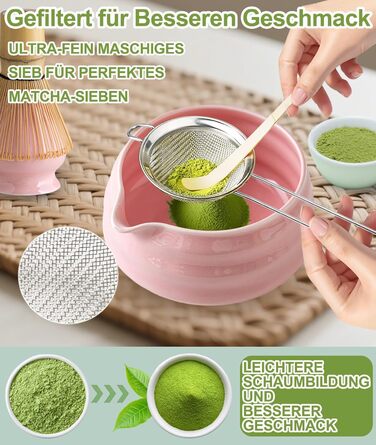 Набір для матча Рожева Гармонія (7 предметів) бамбуковий вінчик (часен) та підставка, чаша для матча з носиком, ситечко, ложка та підставка, японський набір для чаю матча для поціновувачів рожевий з носиком