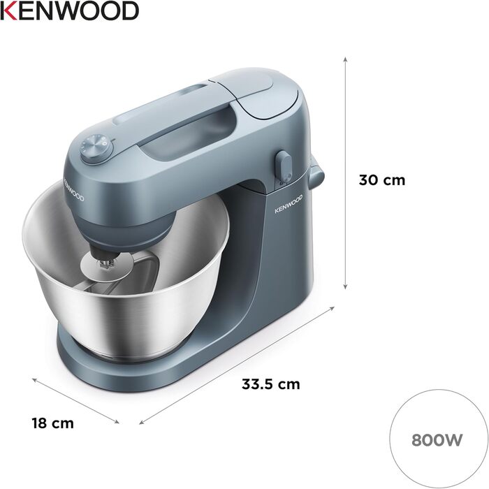 Кухонна машина Kenwood Go KZM35.000GY, компактна, чаша 4 л, K-гак, вінчик, гак для тіста, захисний екран та мірна ложка, металевий корпус з ручкою, 800 Вт, синьо-сіра