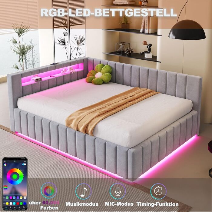 М&39яке ліжко/диван-ліжко 140x200, двоспальне ліжко з гідравлічним відділенням для зберігання, світлодіодним підсвічуванням та функцією заряджання через USB, кушетка/дитяче ліжко з рейковим каркасом, оксамитова тканина, без матраца, світло-сірий 140x200 с