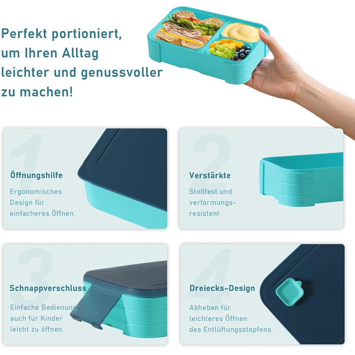 Ланчбокс дитячий з роздільниками 1100 мл - Непротікаючий контейнер для їжі з секціями 3-в-1 для школи - Штабельований бокс для перекусу з кришкою, без BPA, темно-синій