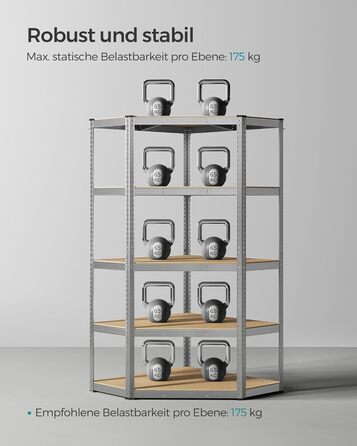 Кутова полиця SONGMICS, 5 ярусів, міцна полиця, металева, полиця для гаража, комори, полиця для підвалу, вантажопідйомність до 875 кг, сріблясто-натурально-бежевий GLR080E01 сріблястий натуральний бежевий