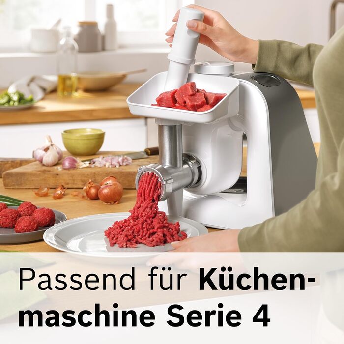 М'ясорубка Bosch MUZ5FW1, насадка для кухонних комбайнів серії 4, з штовхачем та перфорованим диском із нержавіючої сталі 4,5 мм, для м'яса, риби та овочів, легке очищення