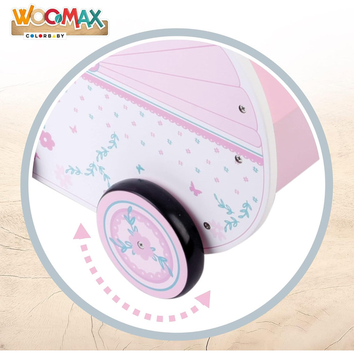 Дерев'яна, 26,5 x 39 x 46 см, рожево-біла, з колесами, для ляльок від 30-40 років, коляска для дитячих іграшок 3 роки, коляска для