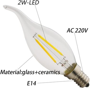 Нові світлодіодні лампи-свічки з гвинтом Едісона, 2 Вт LED, C35L, змінний струм 220-240 В, Лампа-свічка, хвостова лампа-свічка, Теплий білий 2700 К, без регулювання яскравості, 180 Люмен, Кількість 12 шт. (220 В 2 Вт), 14