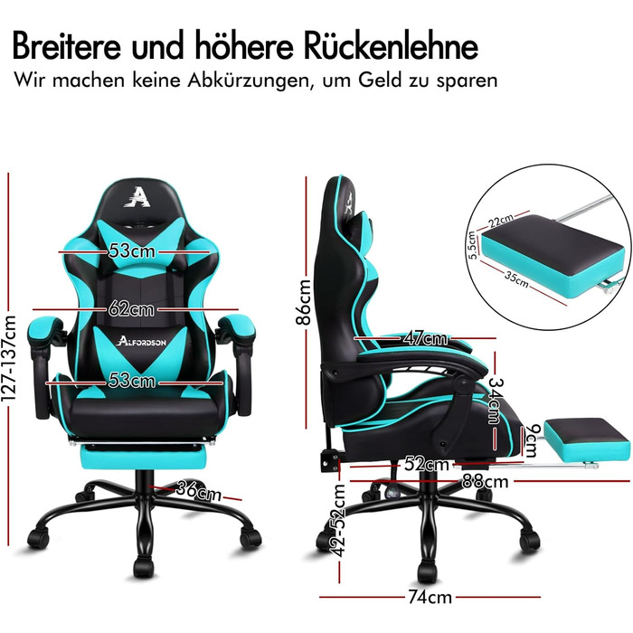 Ігрове масажне крісло ALFORDSON, нахил 150, ергономічне крісло керівника, шкіра синтетична з підставкою для ніг, регулювання висоти, спортивне крісло, вантажопідйомність 180 кг, блакитний Vogler - серія Cyan Vogler