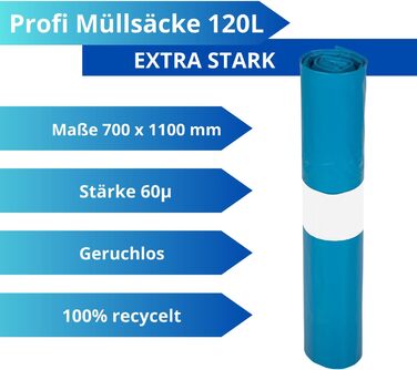 Професійні сміттєві пакети TONECO, 100 надміцних пакетів для сміття - 70 см x 110 см - Сині сміттєві пакети, 120 л - 10 рулонів - Надзвичайно міцні - 100 перероблена плівка (10)