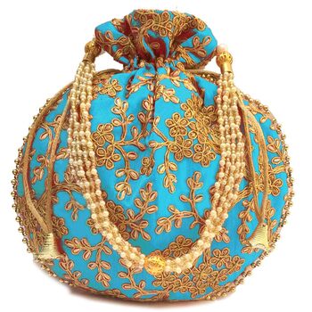 Вишукана індійська сумочка-поклаж Потлі з квітковою вишивкою, оливково-зелений бавовняний клатч з зав'язками для весільного подарунка. Бірюзово-золотий.