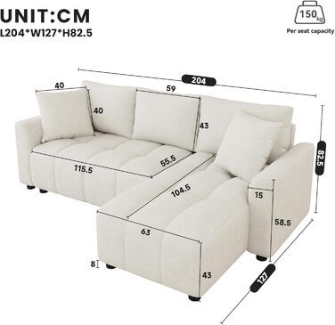 Місний диван BTM, розкладний L-подібний кутовий диван з 2 шениловими подушками, шезлонг, L-подібний диван для вітальні, бежевий S4beige, 3-