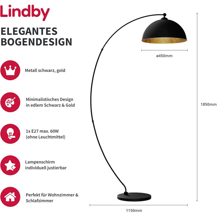 Торшер Lindby Метал Чорне Золото, Дуговий світильник з ножним перемикачем E27, Лампа для читання Торшер Вітальня, Торшер Світильник для вітальні, Торшер чорний, Золотий