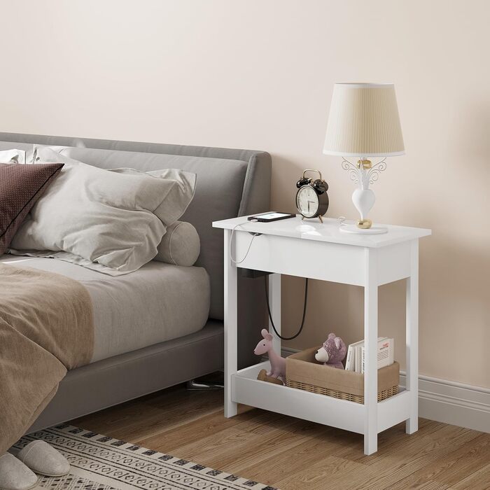 Приставний столик EUGAD, тумбочка з розеткою, столик для дивана, журнальний столик, маленький столик, консольний столик, розкладна стільниця, 3 полиці, для вітальні, спальні, кухні, білий, 0001CHJ