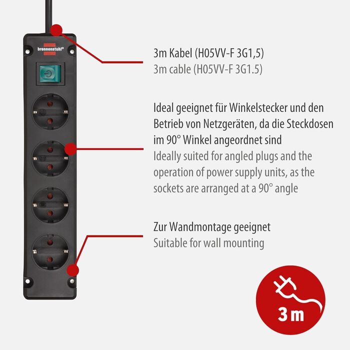 Розетковий подовжувач з вимикачем (багаторозеткова розетка з розетками під кутом 90 градусів, подовжувач з можливістю кріплення та