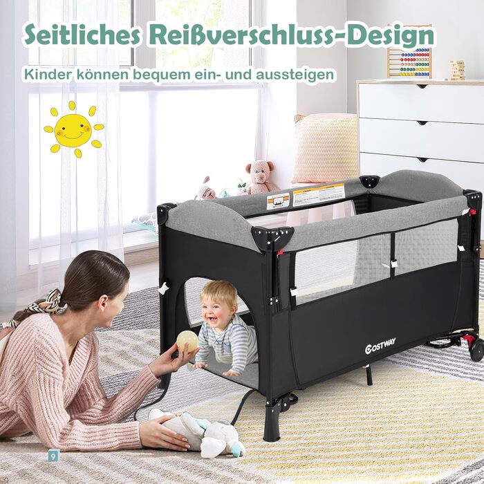 Дитяче ліжечко COSTWAY 5-в-1 120 x 60 см, 2-рівневе дорожнє ліжечко з матрацом, пеленальний килимок, іграшки, музична скринька та сумка для перенесення, складне бічне ліжко, мобільне, 4-рівневе регулювання для дітей вагою до 15 кг (чорне)