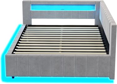 М&39яке ліжко/диван-ліжко 140x200, двоспальне ліжко з гідравлічним відділенням для зберігання, світлодіодним підсвічуванням та функцією заряджання через USB, кушетка/дитяче ліжко з рейковим каркасом, оксамитова тканина, без матраца, світло-сірий 140x200 с