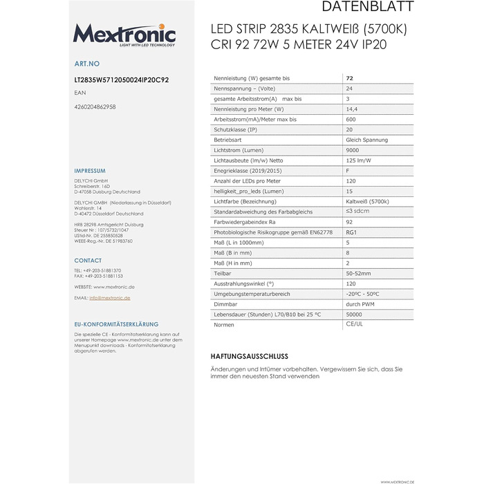 Світлодіодна стрічка Mextronic Світлодіодна стрічка 2835 холодна біла (5700k) CRI 92 72W 5 метр 24V IP20