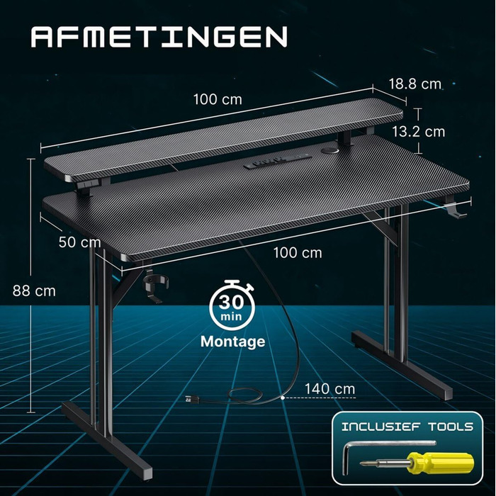 Ігровий стіл Five Stars - Комп&39ютерний стіл - 100x50x75 см - Ігровий стіл зі світлодіодним підсвічуванням - Чорний карбон
