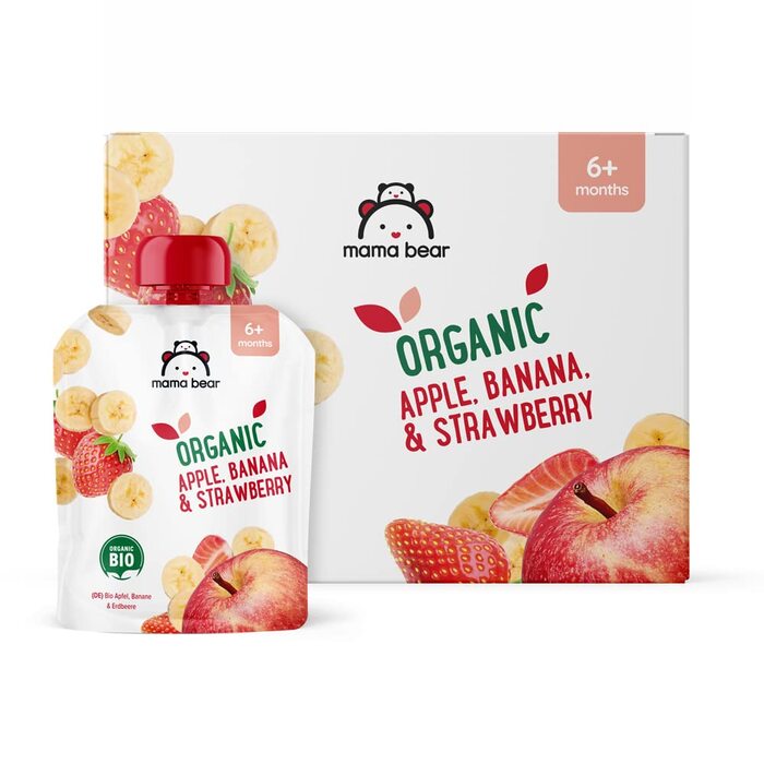 Бренд Storeo Mama Bear Органічні вегетаріанські пакетики з яблуком, бананом та полуницею, 90 г (6 шт.) Пакетики з яблуком, бананом та полуницею, 90 г (6 шт.)