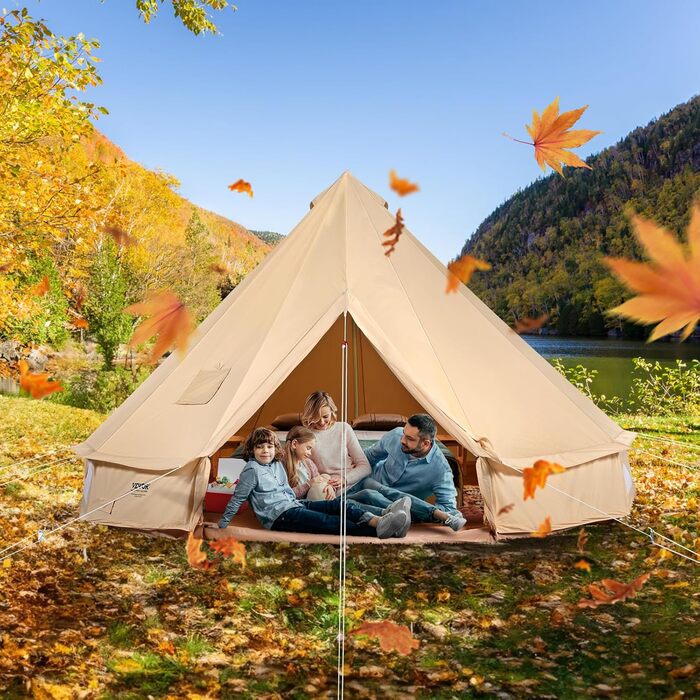 Намет-юрта VEVOR Bell Tent 3-7 м, підходить для 6-12 осіб, виготовлена з бавовни TC та має міцні залізні стійки з ПВХ підлогою. Кемпінговий намет-дзвін з парусини.