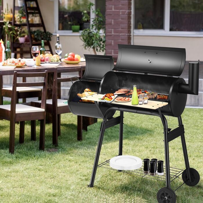 Гриль-коптильня вугільний KOMFOTTEU з димарем, 2-в-1, з термометром та колесами. Сталевий гриль-коптильник з бічним столиком та нижньою полицею, мобільний гриль-візок для пікніків, BBQ, 115x65x108 см