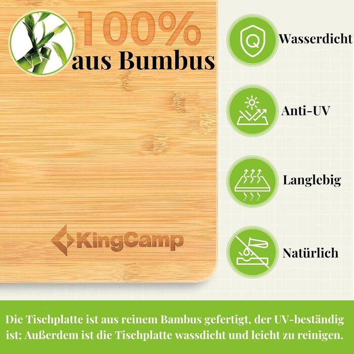 Бамбуковий кемпінговий стіл KingCamp, розкладний стіл 100x72 см для 4-6 осіб, міцна алюмінієва рама, 3 налаштування висоти з сумкою для перенесення для саду, пікніка, кемпінгу, використання на свіжому повітрі та 3 фіксовані висоти, 100 x 72 см