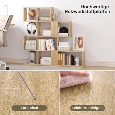 Рівнева книжкова полиця, полиця-перегородка кімнати з 11 відкритими відділеннями, окремостояча полиця для сходів, полиця-ступінь, для вітальні, спальні, офісу, 115x109,5x19,5 см, світлий дуб, 4-