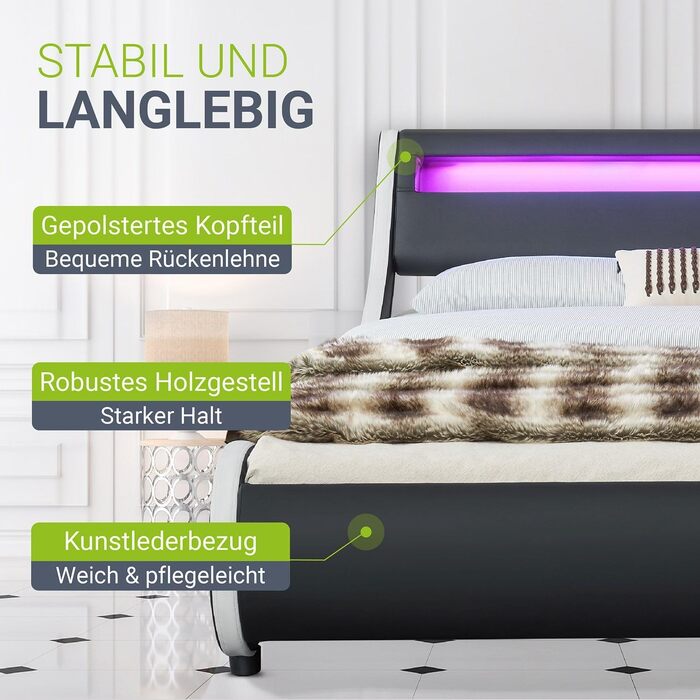 М'яке ліжко Juskys Valencia 140x200 см зі світлодіодним освітленням, рейковою рамою, узголів'ям та штучною шкірою - ліжко молодіжн