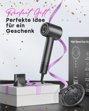 Фен з дифузором, високошвидкісний іонний фен 120 000 об/хв з 500 мільйонами негативних іонів для швидкого сушіння, професійний дорожній фен для дому, салону, подарунок, 12 режимів, сірий колір