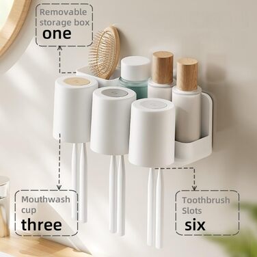 Тримач зубної щітки електрична зубна щітка, підставка чашки для зубної щітки без свердління, самоклеюча настінна підставка для зубної щітки з 3 чашками для зубних щіток, для різних зубних щіток, зубних паст і гребінців