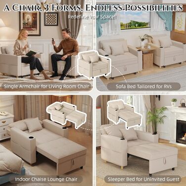 Диван-ліжко YODOLLA 97 см надзвичайно широкий, крісло-ліжко 3-в-1 з функцією ліжка, регульованою спинкою, підстаканниками, крісло-ліжко з місцем для зберігання речей та функцією сну для вітальні, бежевий 97 см надзвичайно широкий, складання за 10 хвилин, 