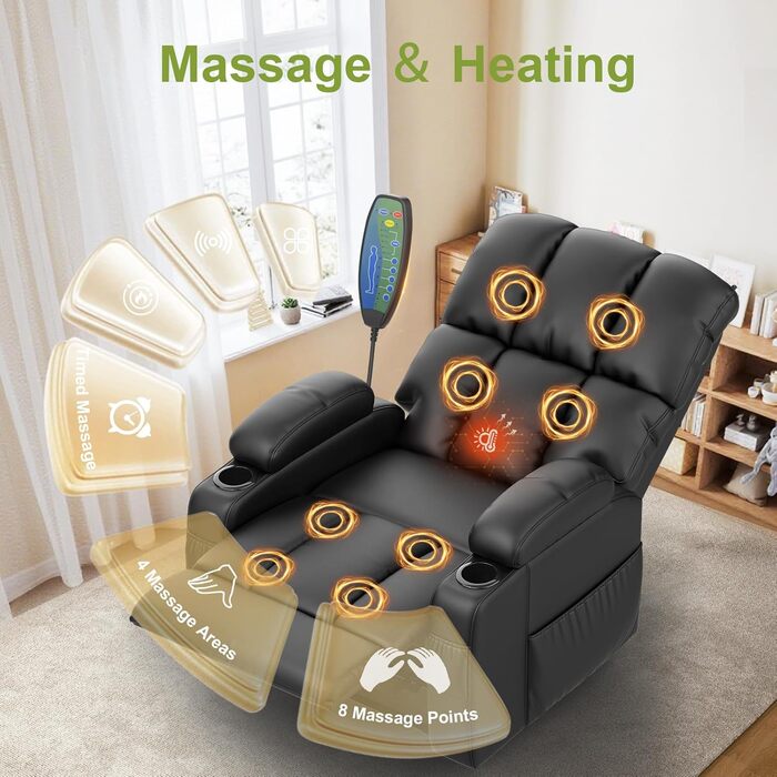 Крісло для масажу з відкидною спинкою, крісло для телевізора з електрорегулюванням та функцією відкидання спинки, функцією масажу та підігріву, порти типу C та USB, 4 бічні кишені, 2 підстаканники, крісло для читання, крісло для телевізора, крісло для віт