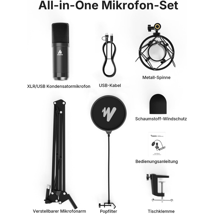 Набір мікрофона MAONO XLR/USB для ПК студійна якість 192кГц/24біт, Plug & Play, 3-рівневе шумозаглушення, 4 пресети. Металевий комплект із ПЗ для подкастів, стрімінгу, запису та вокалу, A04 Gen2