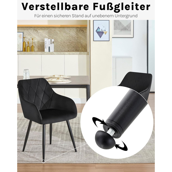 Комплект із 2 обідніх стільців з підлокітниками та спинками, для їдальні, вітальні, кухні, м&39які кухонні стільці з оксамитовим покриттям, металеві ніжки, чорний, комплект із 2 шт.