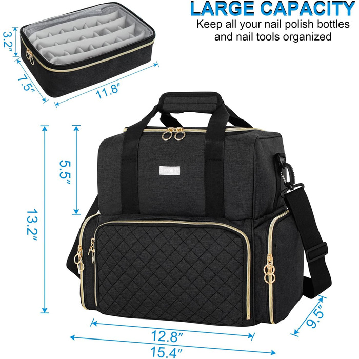 Мішечок для лаку для нігтів, двошаровий органайзер для зберігання лаку для нігтів на 80 флаконів (15 мл) та лампу для нігтів, великий футляр для косметики з відділеннями для зберігання, чорний